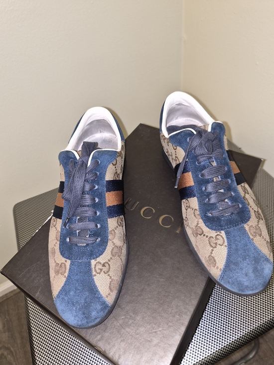 Gucci Shoes - Gucci Womens Blue GG Canvas Suede Lace-Up Sneakers with Navy & Tan Stripe